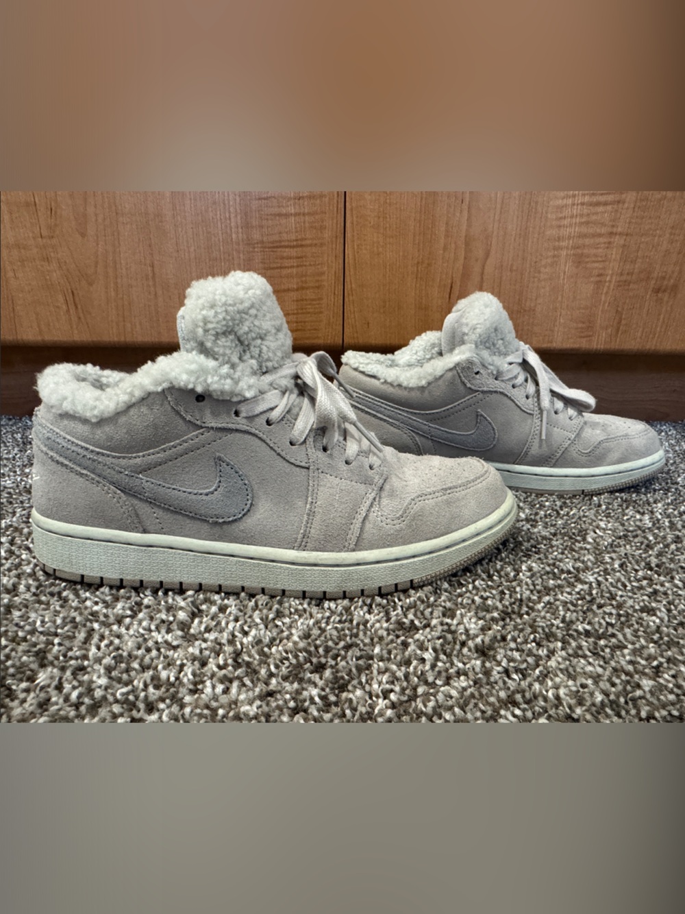 Nike Jordans Women's Suede Sneakers with Shearling in Light Gray